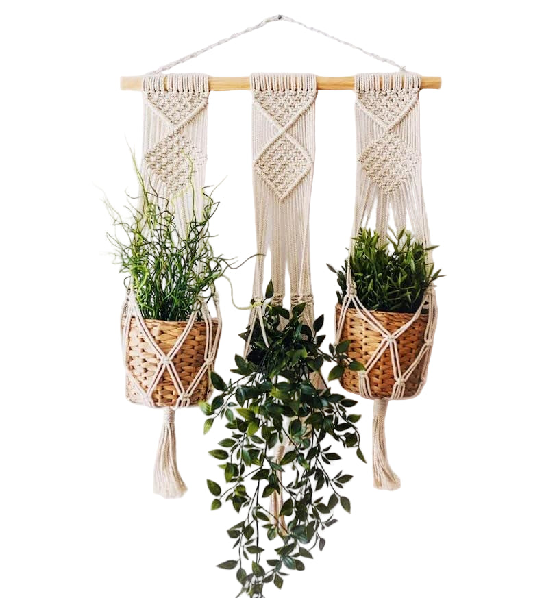 Triple Macrame Plant Hanger - Boho Hanging Wall Planter - Indoor Decor-0