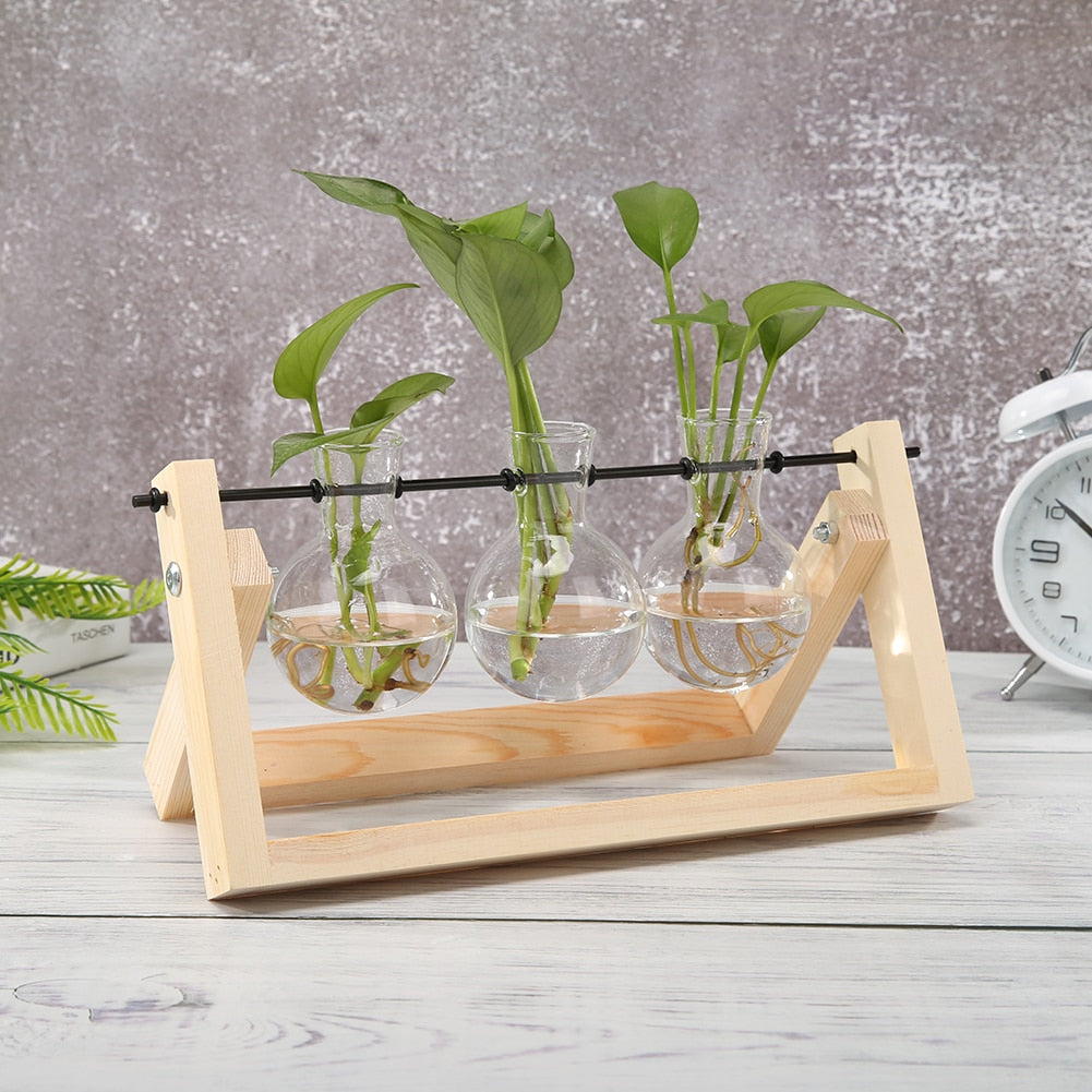 Glass and Wood Vase Planter Terrarium Table Desktop Hydroponics Plant Bonsai Flower Pot Hanging Pots with Wooden Tray Home Decor-18