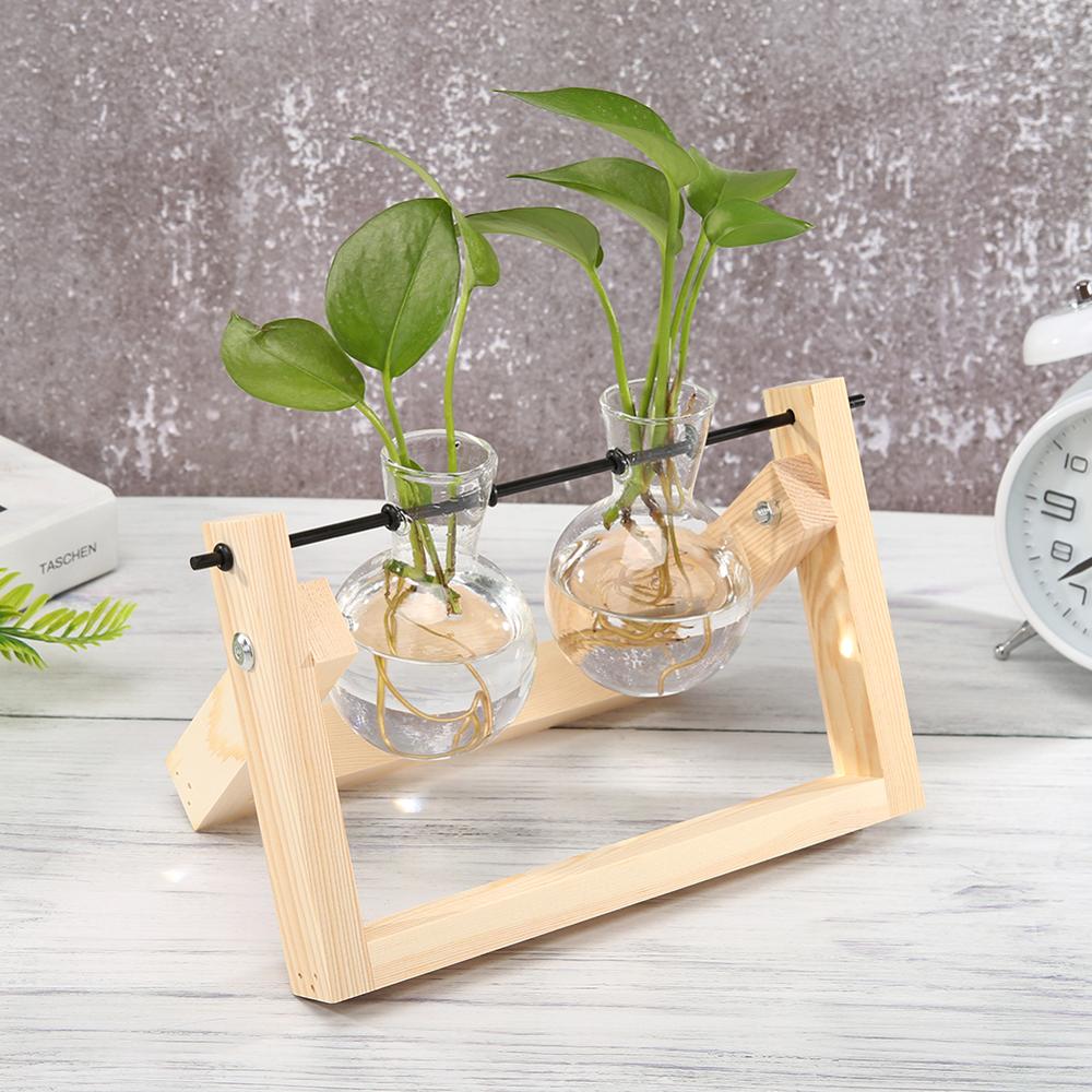 Glass and Wood Vase Planter Terrarium Table Desktop Hydroponics Plant Bonsai Flower Pot Hanging Pots with Wooden Tray Home Decor-17