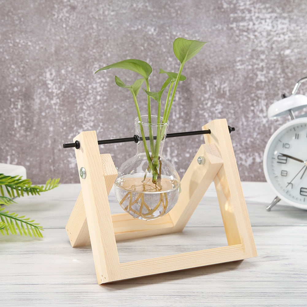 Glass and Wood Vase Planter Terrarium Table Desktop Hydroponics Plant Bonsai Flower Pot Hanging Pots with Wooden Tray Home Decor-16