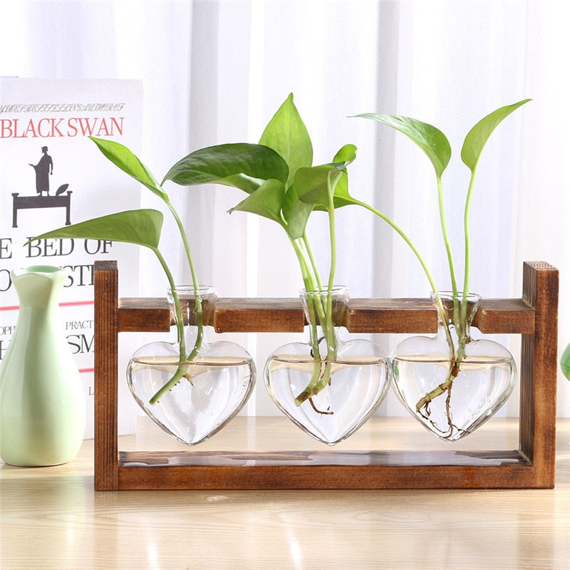 Glass and Wood Vase Planter Terrarium Table Desktop Hydroponics Plant Bonsai Flower Pot Hanging Pots with Wooden Tray Home Decor-13