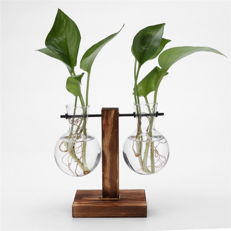 Glass and Wood Vase Planter Terrarium Table Desktop Hydroponics Plant Bonsai Flower Pot Hanging Pots with Wooden Tray Home Decor-8