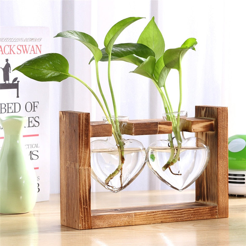 Glass and Wood Vase Planter Terrarium Table Desktop Hydroponics Plant Bonsai Flower Pot Hanging Pots with Wooden Tray Home Decor-4