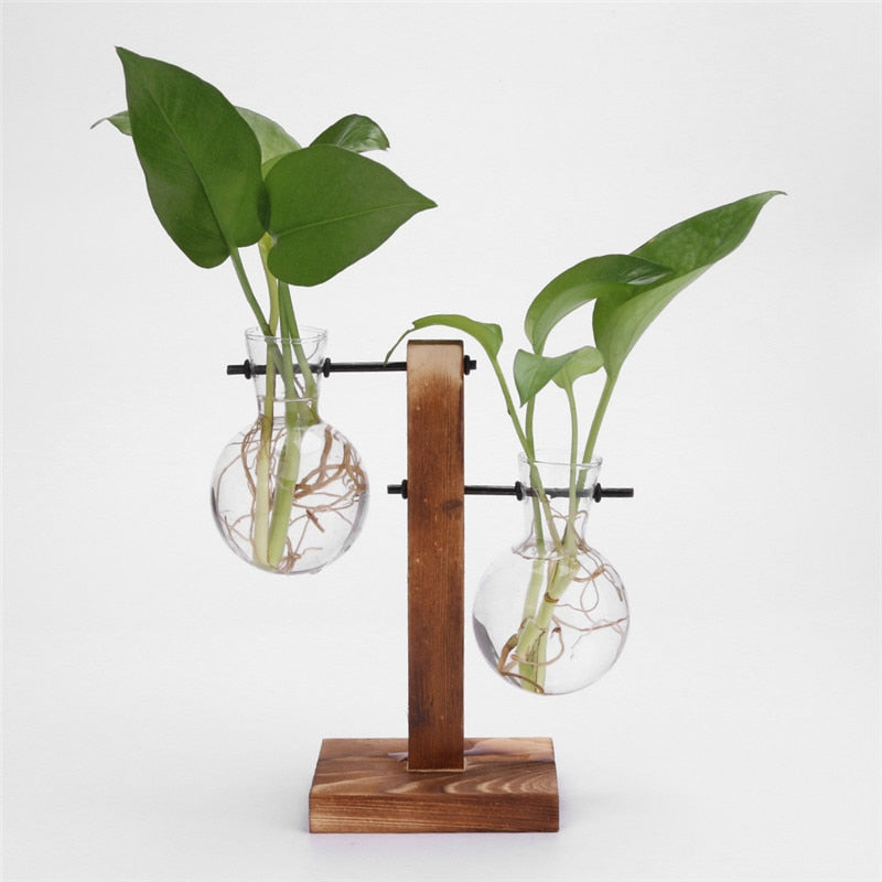 Glass and Wood Vase Planter Terrarium Table Desktop Hydroponics Plant Bonsai Flower Pot Hanging Pots with Wooden Tray Home Decor-7