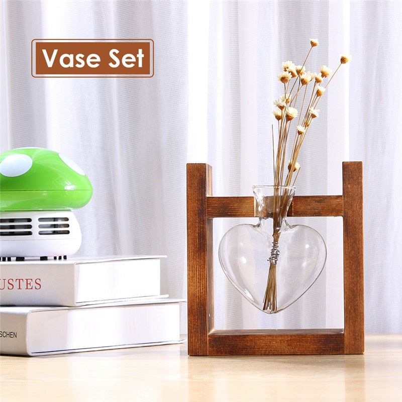 Glass and Wood Vase Planter Terrarium Table Desktop Hydroponics Plant Bonsai Flower Pot Hanging Pots with Wooden Tray Home Decor-12
