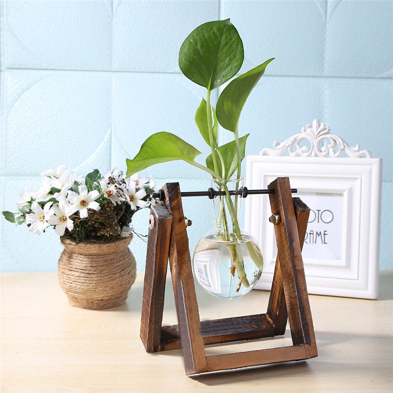 Glass and Wood Vase Planter Terrarium Table Desktop Hydroponics Plant Bonsai Flower Pot Hanging Pots with Wooden Tray Home Decor-5