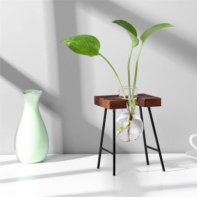 Glass and Wood Vase Planter Terrarium Table Desktop Hydroponics Plant Bonsai Flower Pot Hanging Pots with Wooden Tray Home Decor-9