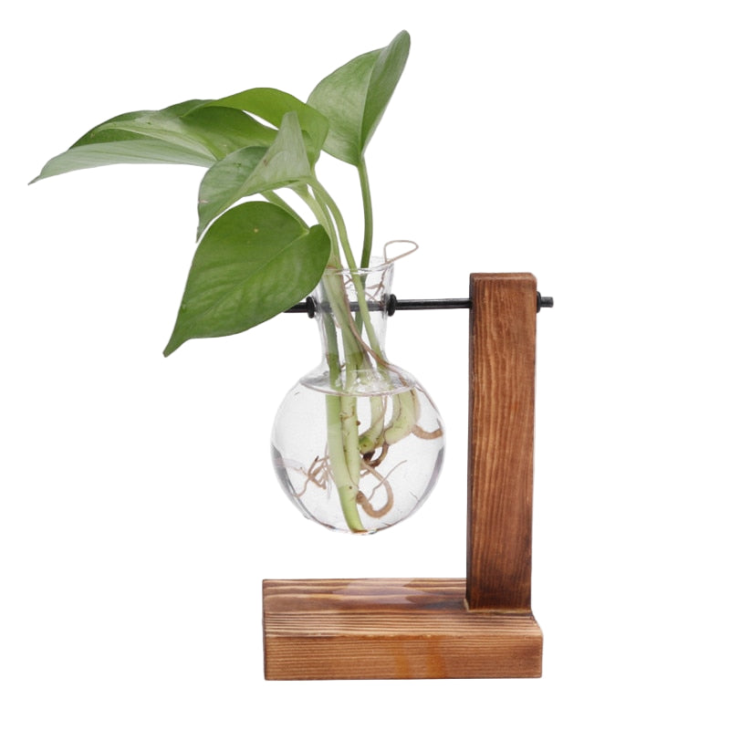 Glass and Wood Vase Planter Terrarium Table Desktop Hydroponics Plant Bonsai Flower Pot Hanging Pots with Wooden Tray Home Decor-0