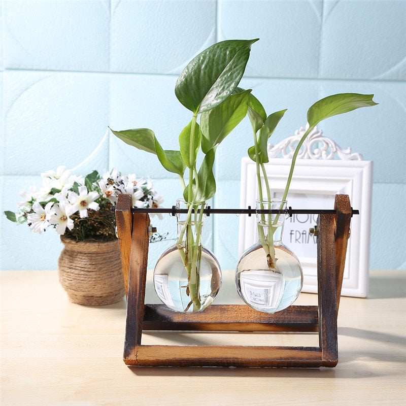 Glass and Wood Vase Planter Terrarium Table Desktop Hydroponics Plant Bonsai Flower Pot Hanging Pots with Wooden Tray Home Decor-6