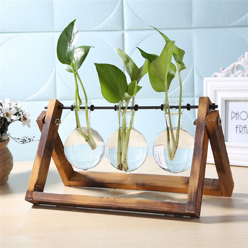 Glass and Wood Vase Planter Terrarium Table Desktop Hydroponics Plant Bonsai Flower Pot Hanging Pots with Wooden Tray Home Decor-2