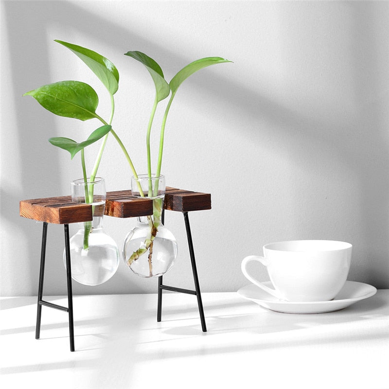 Glass and Wood Vase Planter Terrarium Table Desktop Hydroponics Plant Bonsai Flower Pot Hanging Pots with Wooden Tray Home Decor-10