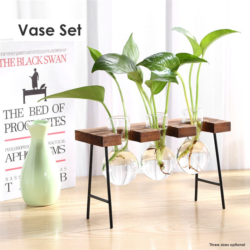Glass and Wood Vase Planter Terrarium Table Desktop Hydroponics Plant Bonsai Flower Pot Hanging Pots with Wooden Tray Home Decor-11