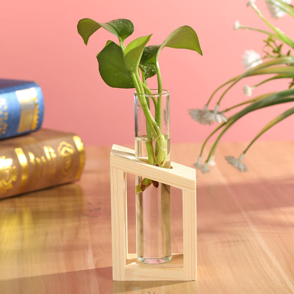 Glass and Wood Vase Planter Terrarium Table Desktop Hydroponics Plant Bonsai Flower Pot Hanging Pots with Wooden Tray Home Decor-14