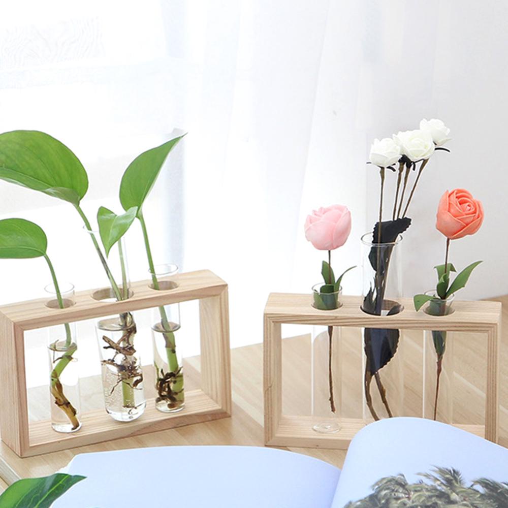 Glass and Wood Vase Planter Terrarium Table Desktop Hydroponics Plant Bonsai Flower Pot Hanging Pots with Wooden Tray Home Decor-15