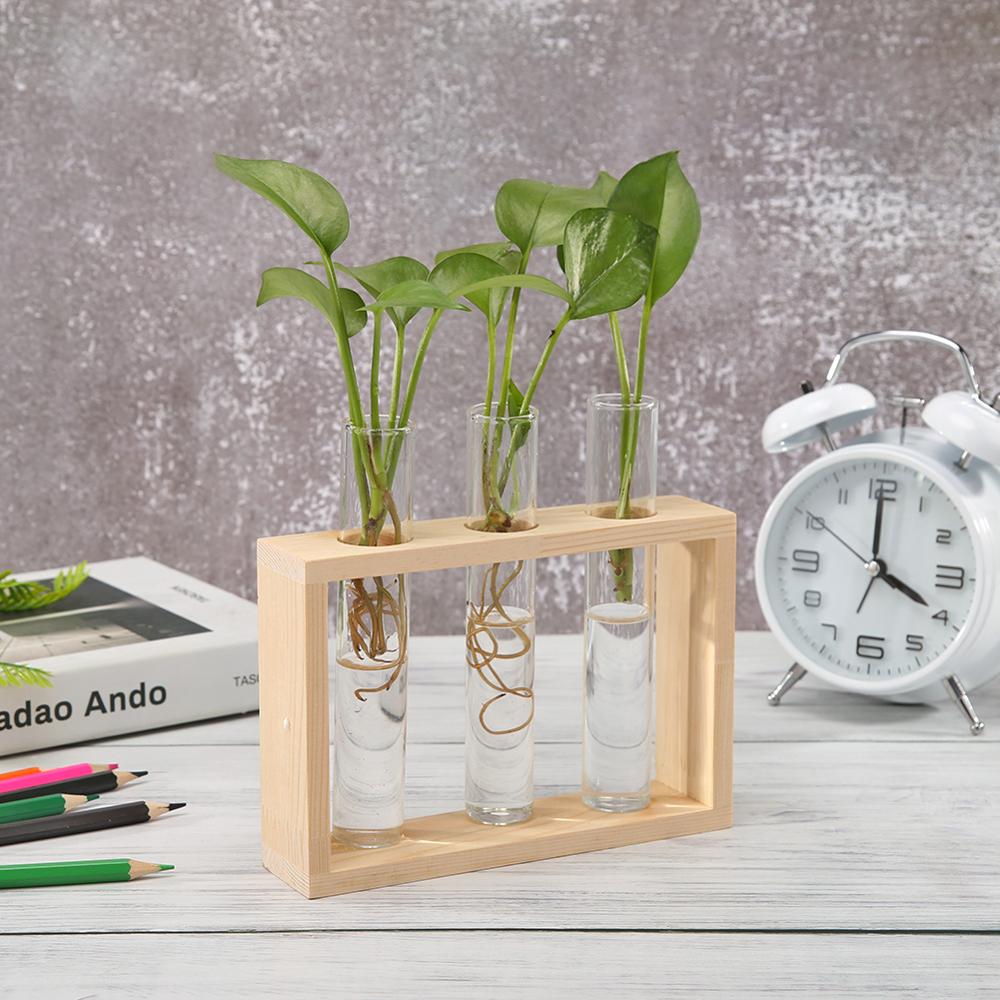 Glass and Wood Vase Planter Terrarium Table Desktop Hydroponics Plant Bonsai Flower Pot Hanging Pots with Wooden Tray Home Decor-19