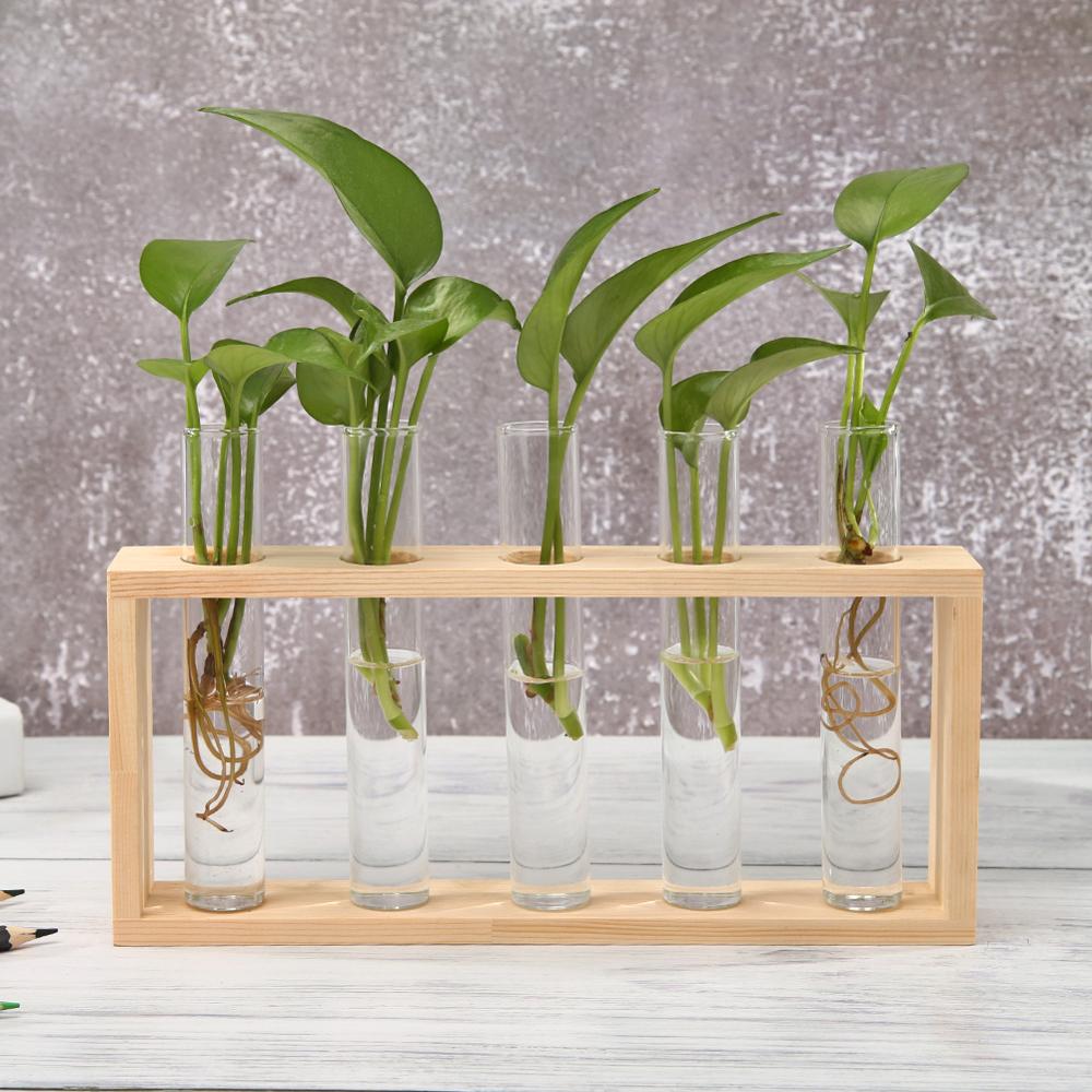 Glass and Wood Vase Planter Terrarium Table Desktop Hydroponics Plant Bonsai Flower Pot Hanging Pots with Wooden Tray Home Decor-20